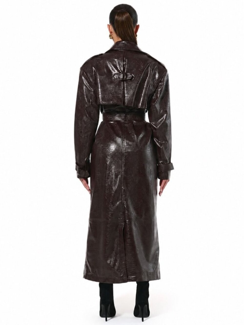 NWT naked wardrobe Chocolate Crocodile Vegan Leather Trench Coat with Tag Size S - Picture 8 of 9